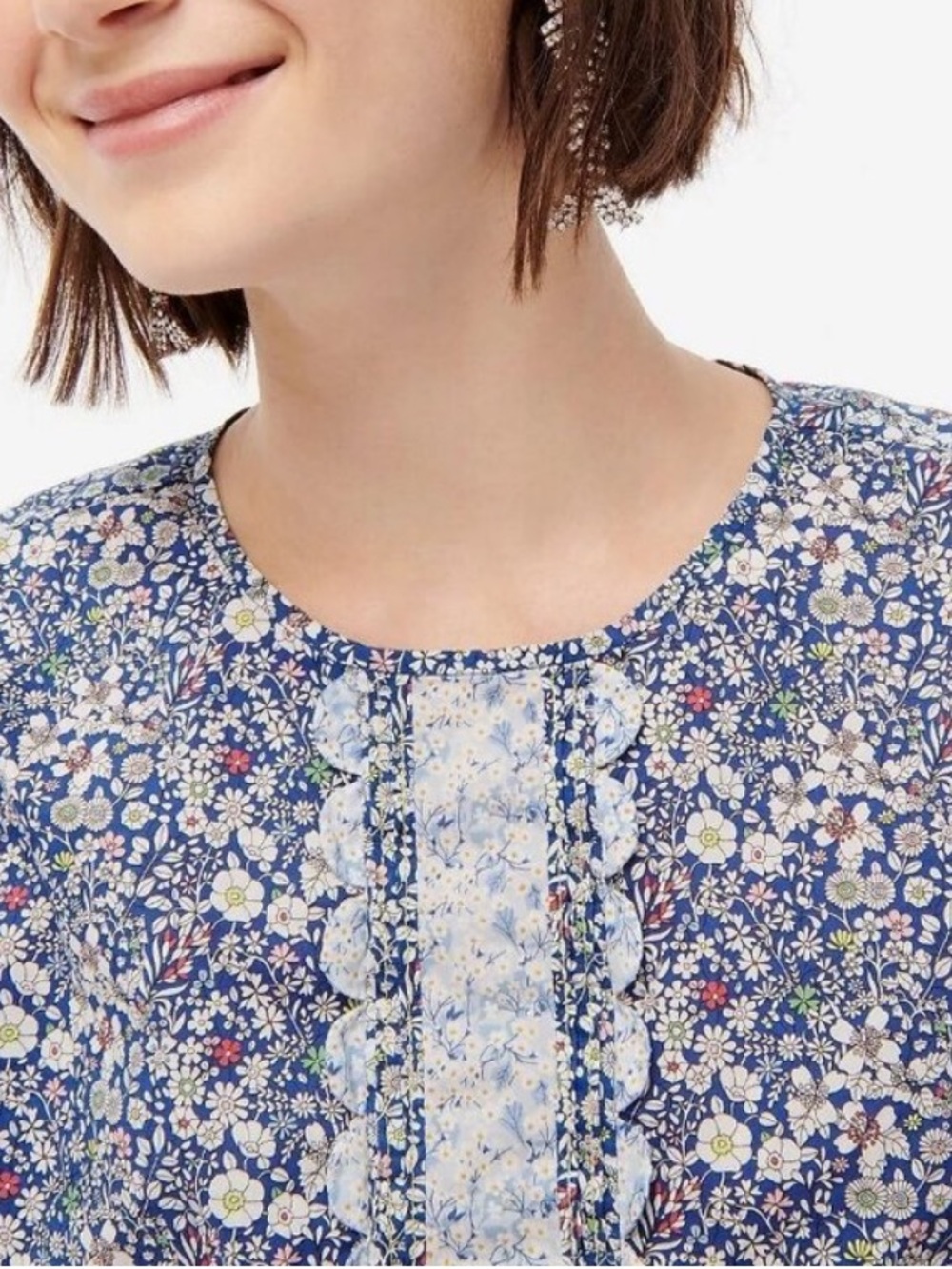 J. Crew Liberty Mix Floral Long Sleeve Scallop Blouse In Indigo Multi Size Small
